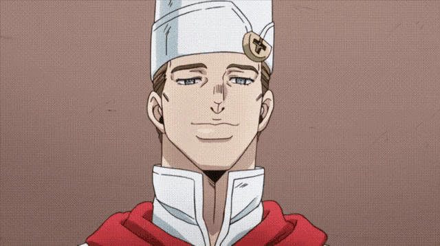 a man wearing a chef 's hat with a coin on it