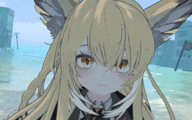 a close up of a girl with long blonde hair and brown eyes