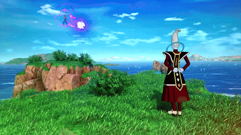 a character in a video game is standing on a grassy hill overlooking the ocean