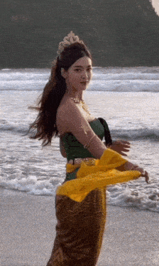 a woman in a green top and a yellow skirt stands on the beach
