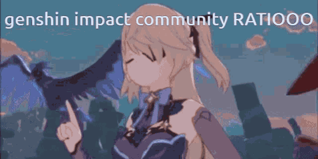 a cartoon of a girl with wings pointing up with the words genshin impact community ratiooo above her