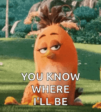 an orange angry bird from the angry birds movie is sitting in the grass and says `` you know where i 'll be ''