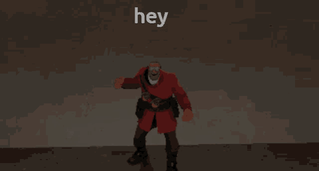 a man in a red coat is dancing with the word hey in the background