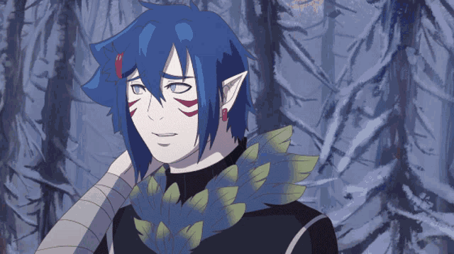 a drawing of a person with blue hair
