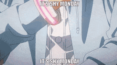 a man in a suit and tie is holding a pink phone with the words " it 's shy monday " on the bottom