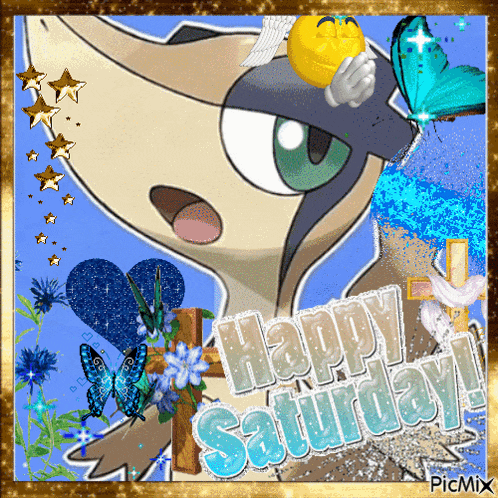 a happy saturday greeting card with a cartoon character and butterflies