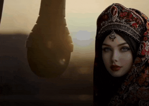 a woman wearing a hijab and a crown stands in front of a microphone