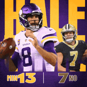 a vikings player is holding a football in front of a yellow and purple background