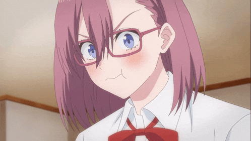 a girl with pink hair and glasses making a funny face