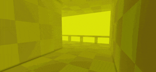 a yellow hallway with a checkered floor