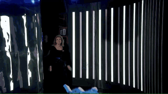 a woman stands in front of a sign that says ed on it