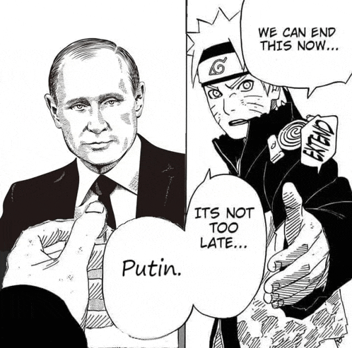 a black and white drawing of putin and naruto