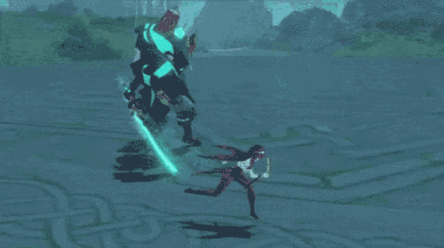 a person is running in a video game with a green light coming out of their hand .