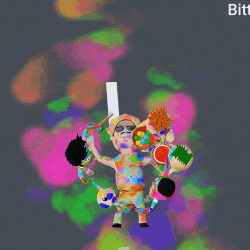 a cartoon of a boy holding a colorful umbrella with the word bitt behind him