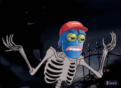 a cartoon of a skeleton wearing a red hat that says apeped