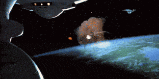 a space ship is flying over a planet with a red light coming out of it