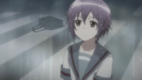 a girl with purple hair is standing in the rain with her eyes closed