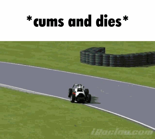 a picture of a race car on a track with the words cums and dies below it