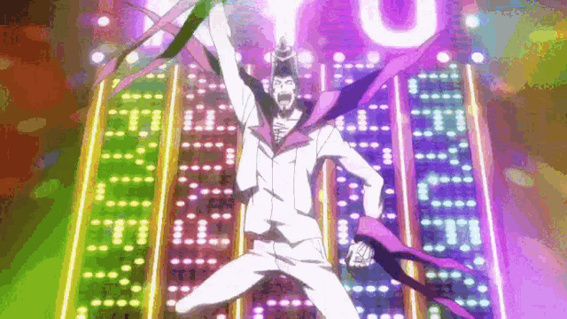 a man in a white suit is jumping in the air in front of a sign that says i love you
