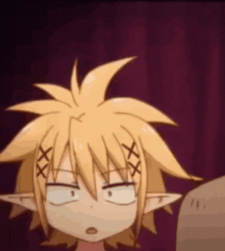 a cartoon character with yellow hair and ears is making a face .
