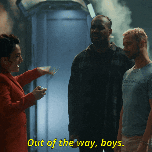 a man in a blue shirt says out of the way boys in yellow