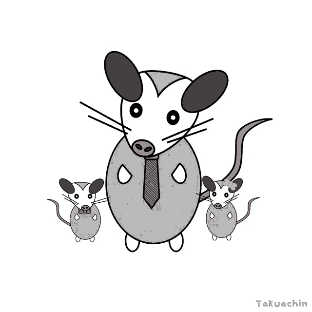 a cartoon drawing of an opossum wearing a tie and holding two smaller opossums