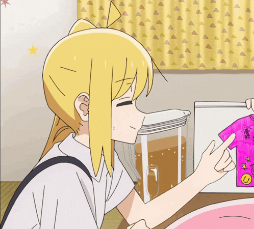 a girl with blonde hair is looking at a pink shirt with a butterfly on it