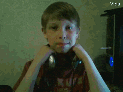 a young boy wearing headphones and a red shirt with the word rus on the front