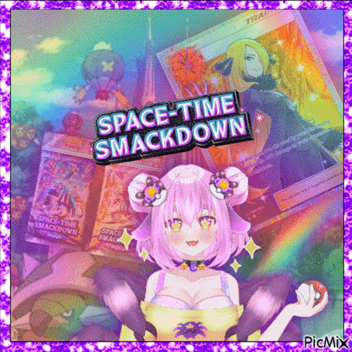 a picture of a girl holding a ball with space-time smackdown written on it