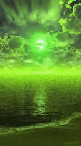 a painting of a green sky over the ocean