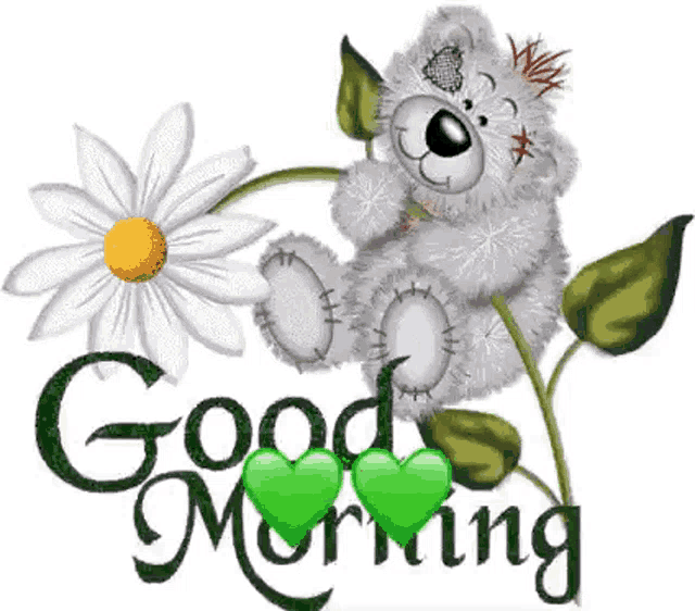 a teddy bear is sitting on a flower with the words `` good morning '' .