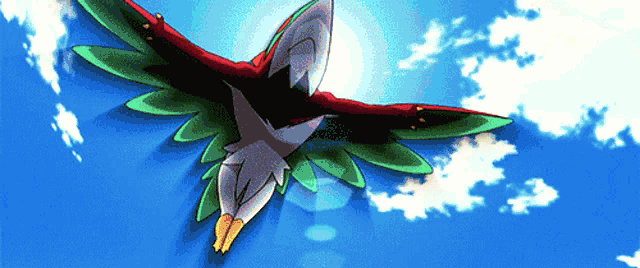 a cartoon bird is flying through a blue sky with white clouds