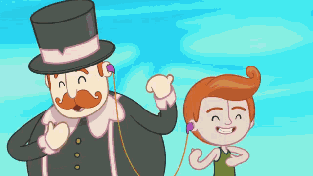 a cartoon of a man with a top hat and a boy with headphones