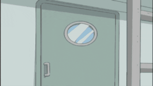 a cartoon girl in a pink bathing suit stands in a doorway