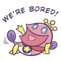 a cartoon character with a crown on its head and the words `` we 're bored '' written above it .