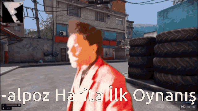 a video game screen shows a man in a red jacket and the words alpoz harita ilk oynaniş