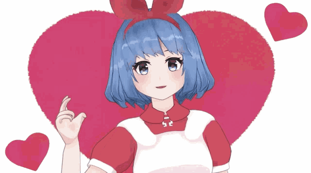 a girl with blue hair is standing in front of a red heart and the word " a " is on the bottom