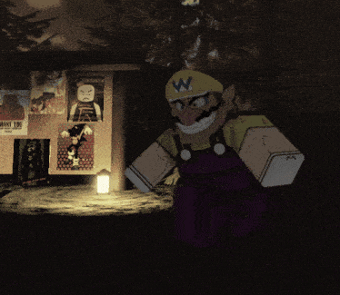 a cartoon character wearing overalls and a yellow hat with the letter w on it