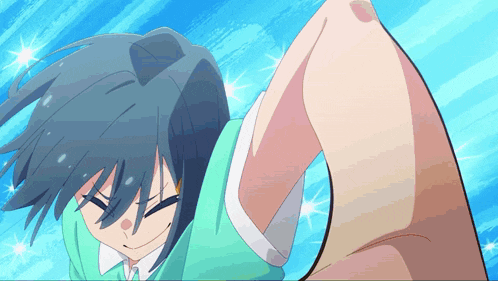 a cartoon of a girl with blue hair and a blue background