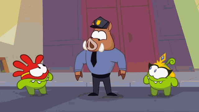 a cartoon of a police officer standing next to two cartoon characters
