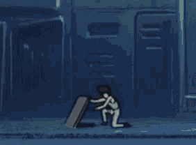a cartoon of a person kneeling down holding a sign in front of a building .