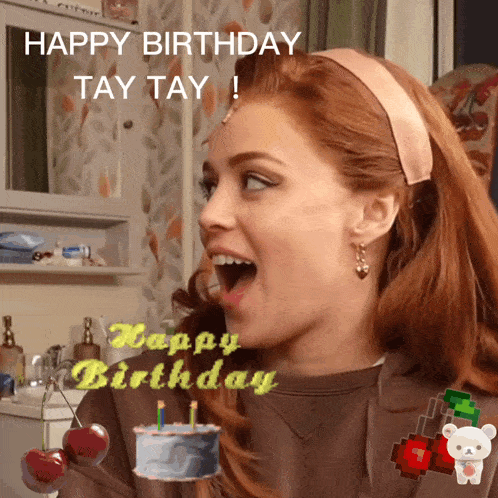 a woman 's face is surrounded by a birthday cake and the words happy birthday tay tay