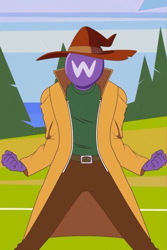 a cartoon character with a purple ball with the letter w on it 's face