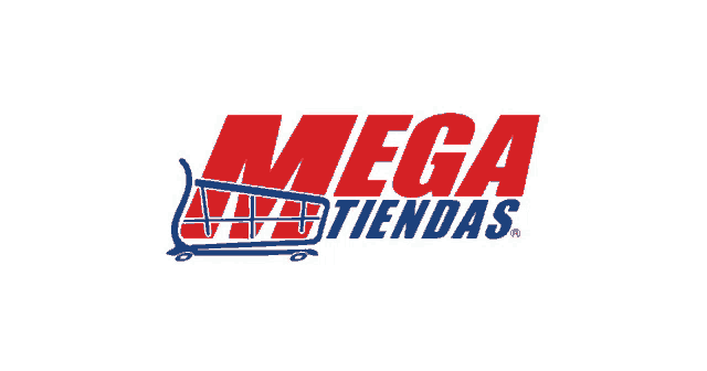 a red and blue logo for mega tiendas with a shopping cart