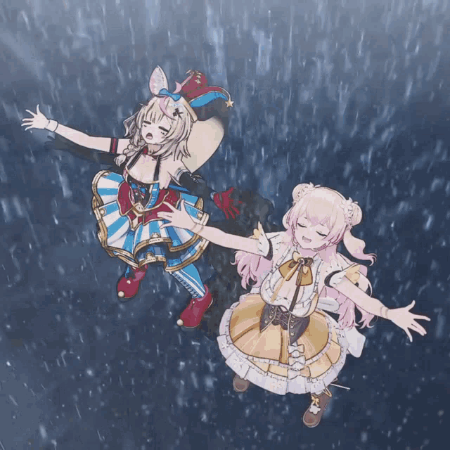 two anime girls are dancing in the rain