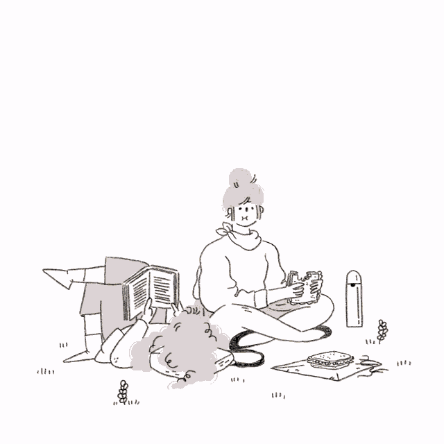 an illustration of a woman sitting on the ground reading a book and eating a sandwich