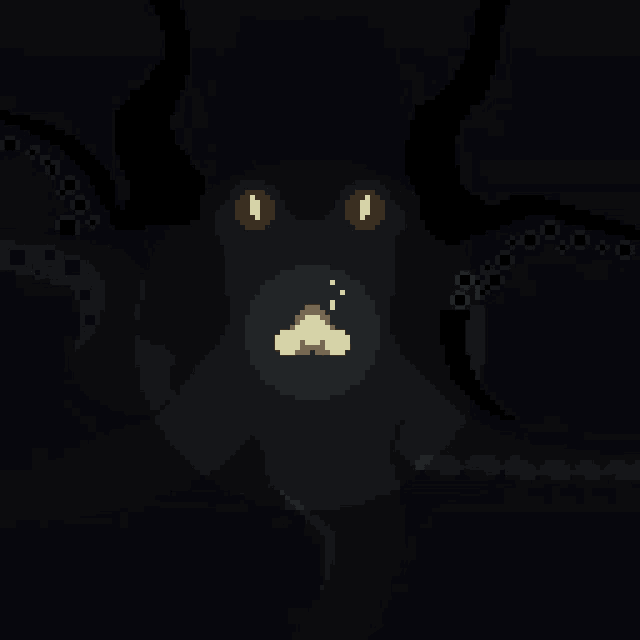 a pixel art drawing of an octopus with glowing eyes and tentacles