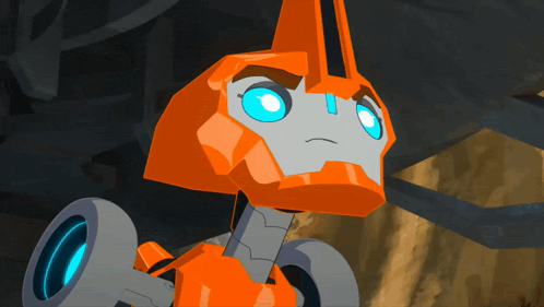 a close up of a cartoon robot with blue eyes looking up