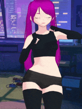 a girl with purple hair and black shorts is standing in front of a window