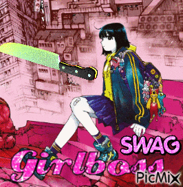 a girl is sitting on a pink couch holding a skateboard and the words swag girlboss picmix